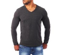 Carisma Herren Uni Basic Langarm T-Shirt Longsleeve mit tiefem V-Ausschnitt Vintage Look Kragen Effekt einfarbig Dehnbare Passform 3428, Grösse:M, Farbe:Dunkelgrau - Melange