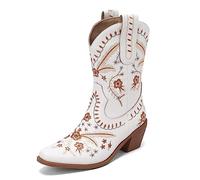 Carkuolary Damen Western Cowboy Arbeit Stiefel with Embroidered Mode Retro Klassischer Tall Boot für Frauen Mädchen Damen Weiß Große 39