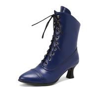 Carkuolary Womens Jahrgang Schnüren Calf Length Victorian Stiefel Leder Louis-XV Absatz Steampunk Gotisch Stiefel für Frauen Mädchen Damen Blau Große 40