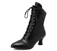 Carkuolary Womens Jahrgang Schnüren Calf Length Victorian Stiefel Leder Louis-XV Absatz Steampunk Gotisch Stiefel für Frauen Mädchen Damen Schwarz Große 39
