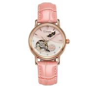 CARLIEN Damen-Armbanduhr, automatisch, mechanisch, Edelstahl, Mondphase, Lederband, selbstaufziehend, Perlen, Skelett-Zifferblatt, wasserdicht, Roségold