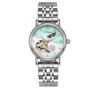 CARLIEN Damen Automatik Mechanische Edelstahl Mondphase Uhren Lederarmband Selbstaufziehend Perlen Skelett Zifferblatt Wasserdicht Damen Armbanduhr