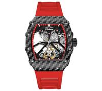 CARLIEN Herren-Armbanduhr, modisch, automatisch, Skelett, leuchtend, Tonneau-Uhr, Silikonband, großes Zifferblatt, wasserdicht, hohl, lässig, coole Armbanduhr für Herren, Rot/Ausflug, einfarbig