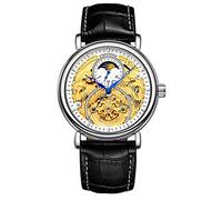 Carlien Herren-Automatikuhr, goldfarben, Tourbillon, Skelettuhr, Mondphase, wasserdicht, Edelstahl, Leder, silberfarben, 44mm, Skelett-Armbanduhr