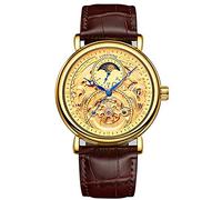 Carlien Herren-Automatikuhr, goldfarben, Tourbillon, Skelettuhr, Mondphase, wasserdicht, Edelstahl, lederbraun, 44mm, Skelett-Armbanduhr