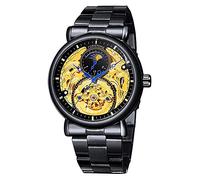 Carlien Herren-Automatikuhr, goldfarben, Tourbillon, Skelettuhr, Mondphase, wasserdicht, Edelstahl, Stahl schwarz, 44mm, Skelett-Armbanduhr