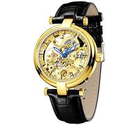 Carlien Herren Retro-Steampunk Uhr mit Skelett-Zifferblatt, Automatik, 41mm Gold, Wasserfest bis 3m, Schwarz-Lederarmband, 22mm, 245mm, Box