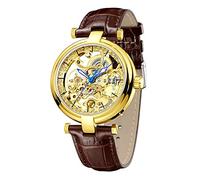 Carlien Skelett-Automatikuhr, Steampunk, goldfarben, leuchtende Zeiger, Lederarmband, Armbanduhr, Braun, 40mm, Retro