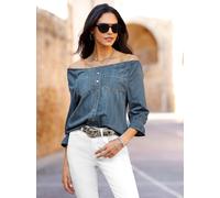 Carmenbluse HEINE, Damen, Gr. 42, blau (blau, bleached), 100% Baumwolle, unifarben, Carmenausschnitt, Blusen (85622200-42) blau, bleached