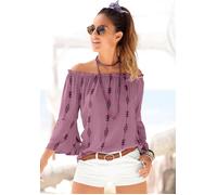 Carmenbluse LASCANA, Damen, Gr. 36, lila (lila, bedruckt), Web, Obermaterial: 100% Viskose, bedruckt, figurumspielend hüftlang, Carmenausschnitt, Volant, Blusen Schlupfbluse, mit Ethnoprint, Damenblus