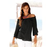 Carmenbluse LASCANA, Damen, Gr. 46, schwarz-weiß (schwarz, weiß, gepunktet), Web, Obermaterial: 100% Viskose, gepunktet, figurumspielend hüftlang, Carmenausschnitt, Volant, Blusen, mit Pünktchendruck,
