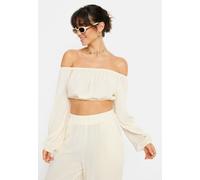 Carmenbluse LSCN BY LASCANA, Damen, Gr. 48, beige (creme), Crêpe, Obermaterial: 100% Viskose, unifarben, figurumspielend bauchfrei, Carmenausschnitt, Blusen Carmenbluse, in verkürzter Länge (67798123-