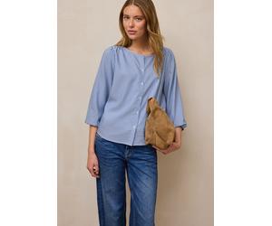 Carmenbluse STREET ONE STUDIO, Damen, Gr. 44, original blau, Stoff, 65% Polyester, 35% Viskose, gestreift, normal normal, Rundhals, elastischer Bund, Blusen, im Seersucker-Style mit Streifen (17907560