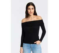 Carmenpullover BOSS ORANGE "Falmon Premium Damenmode", Damen, Gr. L (40), schwarz (schwarz 001), Feinstrick, Obermaterial: 60% Schurwolle, 40% Polyamid, unifarben, figurbetont hüftlang, Carmenausschni