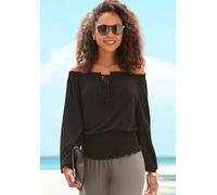 Carmenshirt LASCANA, Damen, Gr. 32/34, schwarz, Jersey, Obermaterial: 100% Viskose, unifarben, figurumspielend hüftlang, Carmenausschnitt, Volant mit innenliegendem Gummizug, Shirts, mit 3/4-Ärmeln, B