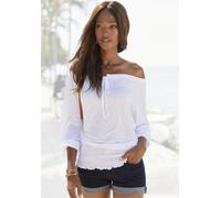 Carmenshirt LASCANA, Damen, Gr. 52/54, weiß, Jersey, Obermaterial: 100% Viskose, unifarben, figurumspielend hüftlang, Carmenausschnitt, Volant mit innenliegendem Gummizug, Shirts, mit 3/4-Ärmeln, Blus