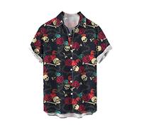 CARNOBA Herrenhemd mit 3D-Druck Retro Rose Totenkopf Kurzarm Revershemden Sommer Regular Button Strandhemd Lässige Hawaii-Oberteile