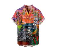CARNOBA Herrenhemd mit 3D-Druck Retro Rose Totenkopf Kurzarm Revershemden Sommer Regular Button Strandhemd Lässige Hawaii-Oberteile