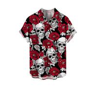 CARNOBA Herrenhemd mit 3D-Druck Retro Rose Totenkopf Kurzarm Revershemden Sommer Regular Button Strandhemd Lässige Hawaii-Oberteile
