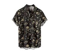 CARNOBA Herrenhemd mit 3D-Druck Retro Rose Totenkopf Kurzarm Revershemden Sommer Regular Button Strandhemd Lässige Hawaii-Oberteile