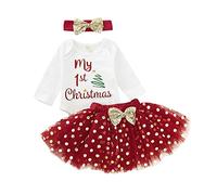 Carolilly Baby Weihnachten Outfit Mädchen My 1st Christmas Baby Body Langarm + Tüllrock Rot + Söckchen + Stirnband Baby Weihnachten Kleidung (Weiß 3, 0-3 Monate, 70)