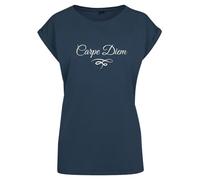 Carpe Diem Damen T-Shirt - Lässig geschnitten, ausgestellte Ärmel, Metallic Print - Spiritueller Spruch - Achtsamkeit Shirt Frauen Navy Champagne XL