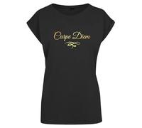 Carpe Diem Damen T-Shirt - Lässig geschnitten, ausgestellte Ärmel, Metallic Print - Spiritueller Spruch - Achtsamkeit Shirt Frauen Schwarz Gold XL