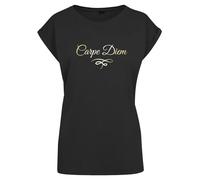 Carpe Diem Damen T-Shirt - Lässig geschnitten, ausgestellte Ärmel, Metallic Print - Spiritueller Spruch - Achtsamkeit Shirt Frauen Schwarz Champagne XL