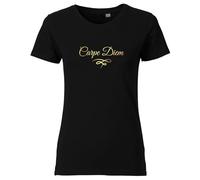 Carpe Diem Spruch T-Shirt Damen - Bio-Baumwolle | Nachhaltig & Fair | Metalleffekt Print Schwarz Gold XL