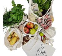 CarryTheCrane Wiederverwendbare Obst- und Gemüsebeutel aus Bio Baumwolle (GOTS) - Hochwertige Einkaufsnetze im 6-er Set inkl. Brotbeutel und Shopper (6er Baumwolle)