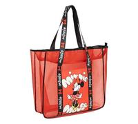 CARTOON Disney Minnie Strandtasche Damen groß mit Reißverschluss Strandtasche Netz transparent rot Shopper Pool geräumig mit Fronttasche 62 x 39 x 20 cm Offizielles Disney-Produkt
