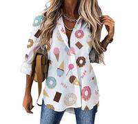 Cartoon Donut Ice Cream Candy Langarm Button Down Shirts für Frauen V-Ausschnitt Herbst Bluse Mode Casual Tops, Stil: 26, L
