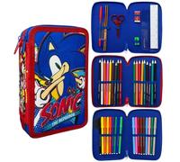 CARTOON Federmäppchen mit 3 Reißverschlüssen Sonic 3-fach komplett 44 Stück Schreibwaren für die Schule mit mehreren Fächern Stifte Buntstifte Filzstifte Giotto