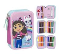 CARTOON Federmäppchen mit mehreren Fächern, 3 Reißverschlüssen, für die Schule, komplett mit Stiften, Bleistiften, Farben, Filzstiften, Gabby's Dollhouse, Federmäppchen mit mehreren Fächern