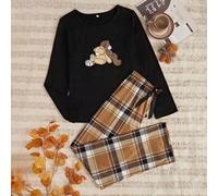 Cartoon Grafik T-Shirt & karierte Hose Pyjama Set, kuschelige und elegante Details für Herbst und Winter