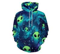 Cartoon-Illustrationen Kapuzenpullover, Grünes Alien-Muster Hoodie Herren, große Taschen, Kordelzug Hoody