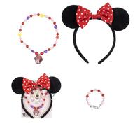 CARTOON Minnie Mouse Zubehör-Set für Mädchen, 3-teilig, Halskette und Armband mit Perlen + Haarreif Ohren Minnie mit Schleife, Schmuck für Mädchen, Disney, Geschenkidee für Mädchen, 12,5 x 15 x 1 cm