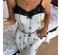 Cartoon Schleife Muster Kontrast Spitzenbesatz Design bequeme Träger-Top & lange Hose Damen Schlafanzug Set