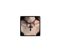 Carufin Gothic Choker Halskette mit Kreuz-Anhänger, Rot-Schwarz Leopardenmuster,Spitze Dekoration