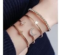 Carufin Stern Mond Armband Boho Offener Kristall Armreif Schmuck Set für Frauen und Mädchen (4er Pack) (Gold)