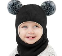 Casenly Kinder Wintermütze, 3 in 1 Schalmütze Warme Schalmütze Niedliche Baby Schlupfmütze Beanies Kapuze mit Doppelpom Pom Winddichte für Mädchen und Jungen,Schwarz