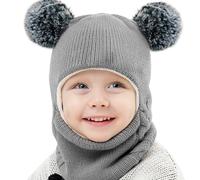 Casenly Kinder Wintermütze, 3 in 1 Schalmütze Warme Schalmütze Niedliche Baby Schlupfmütze Beanies Kapuze mit Doppelpom Pom Winddichte für Mädchen und Jungen, Gray