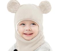 Casenly Kinder Wintermütze, 3 in 1 Schalmütze Warme Schalmütze Niedliche Baby Schlupfmütze Beanies Kapuze mit Doppelpom Pom Winddichte für Mädchen und Jungen, Beige