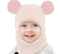 Casenly Kinder Wintermütze, 3 in 1 Schalmütze Warme Schalmütze Niedliche Baby Schlupfmütze Beanies Kapuze mit Doppelpom Pom Winddichte für Mädchen und Jungen, Rosa