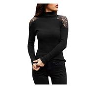 Cashmere Pullover Damen - Casual Fashion Tops Langes T-Shirt Bluse Ärmel Rollkragen Baumwolle Damen Spitze Damenbluse Rollkragenpullover Schwarz Damen