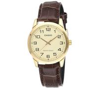 Casio Analoge Quarzuhr für Herren mit Lederarmband MTP-V001GL-9B, braun, 45×38×8mm, Der abgeleitete Stil der Casio Herren-Armbanduhr Mtp-v001gl-9b ist Dressy Sport, basierend auf ihrem goldfarbenen