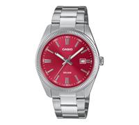 Casio Analoges Quarzwerk der MTP-Serie (38,5 mm), kirschrotes Zifferblatt mit Sonnenschliff, Edelstahlarmband MTP-1302PD-4AVEF