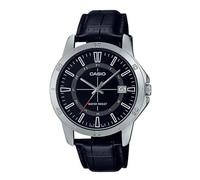 Casio Herren-Armbanduhr aus Edelstahl, schwarzes Lederband, 24-Stunden-Zifferblatt, Datumsanzeige, Schwarz-Schwarz, Armband