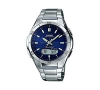 Casio Herren Solar Armbanduhr, 44.00mm GehäusegröÃŸe mit dunkelblau analog/digital Zifferblatt und Silber Metallarmband Armband WVA-M640D-2AER