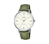 Casio LTP-VT03L-3B Damen-Armbanduhr, minimalistisch, grünes Lederband, beige, konkaves Zifferblatt, 3-Zeiger-Analoguhr
